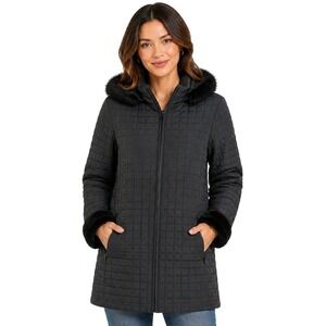 Paradox Quilted Parka Jacket Women XL Black Faux Fur Trim Hooded Full Zip Coat